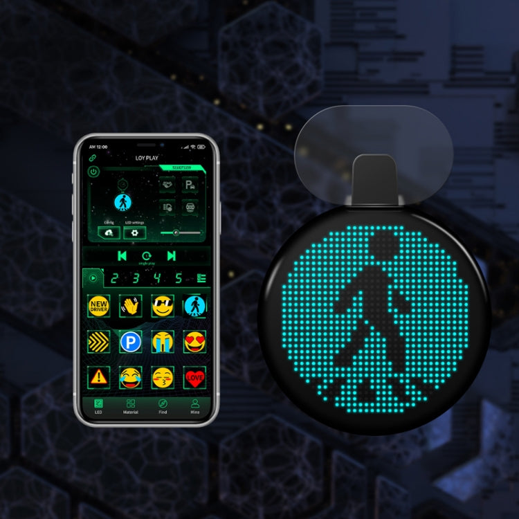 Car pixel emoticon LED rear screen, round black showing a white stick-figure graphic