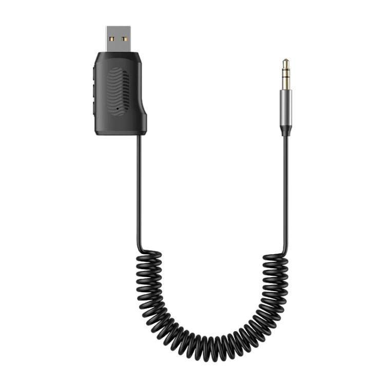 Bluetooth car audio receiver adapter with USB plug and 3.5mm AUX jack, coiled cable