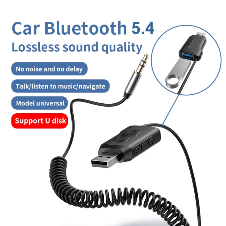 Bluetooth car audio receiver adapter with USB port and 3.5mm jack on coiled cord