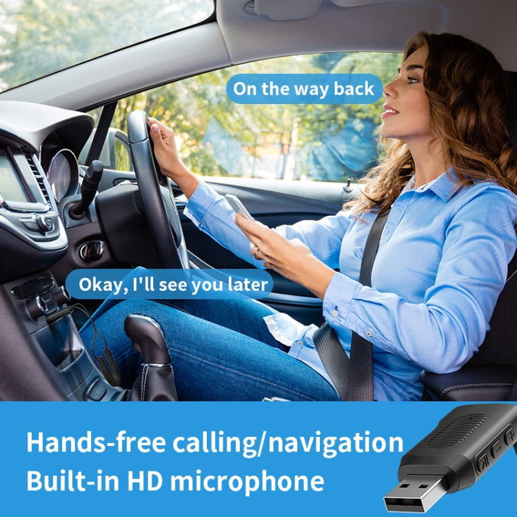 Bluetooth car audio receiver adapter mounted in car setup with USB connector and mic