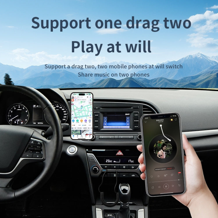 Bluetooth car audio receiver adapter with USB port, coiled cable, and 3.5mm jack