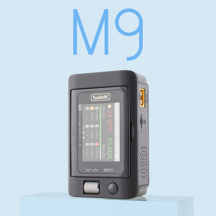 RC battery balance charger with M9 marking and side charging ports in black case
