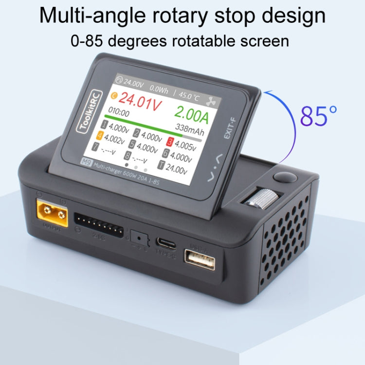 RC multi-charger with tilting 2.4-inch LCD screen and multiple front charging ports