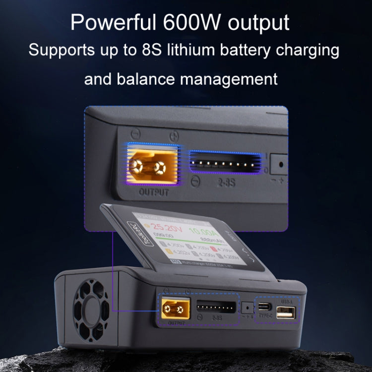 RC battery charger showing front output section and status display screen