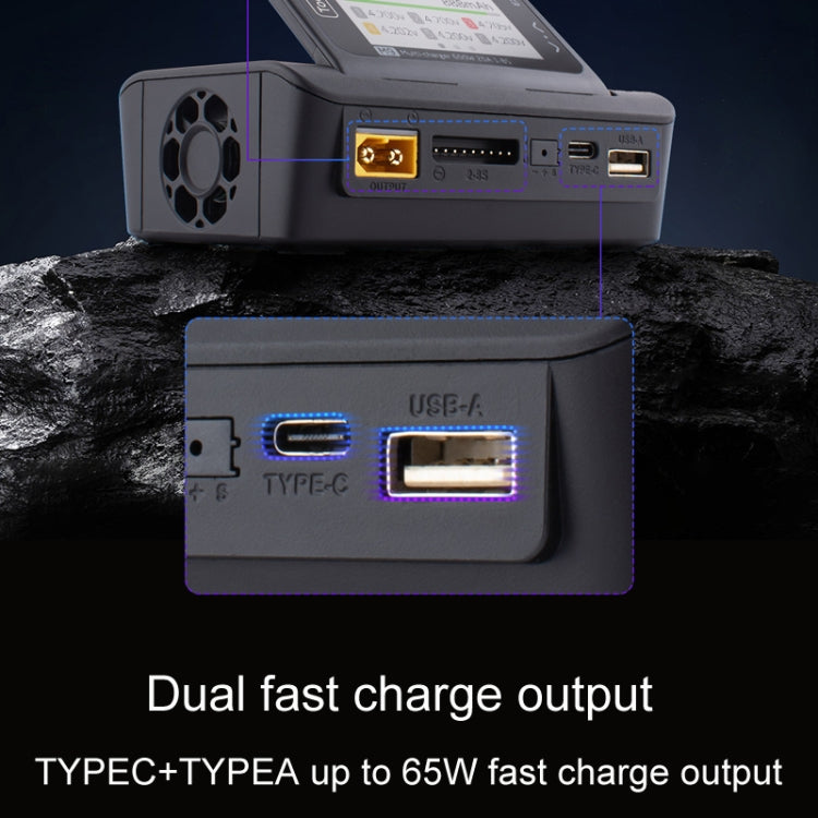 RC charger with USB Type-C and USB-A ports and cooling fan grille
