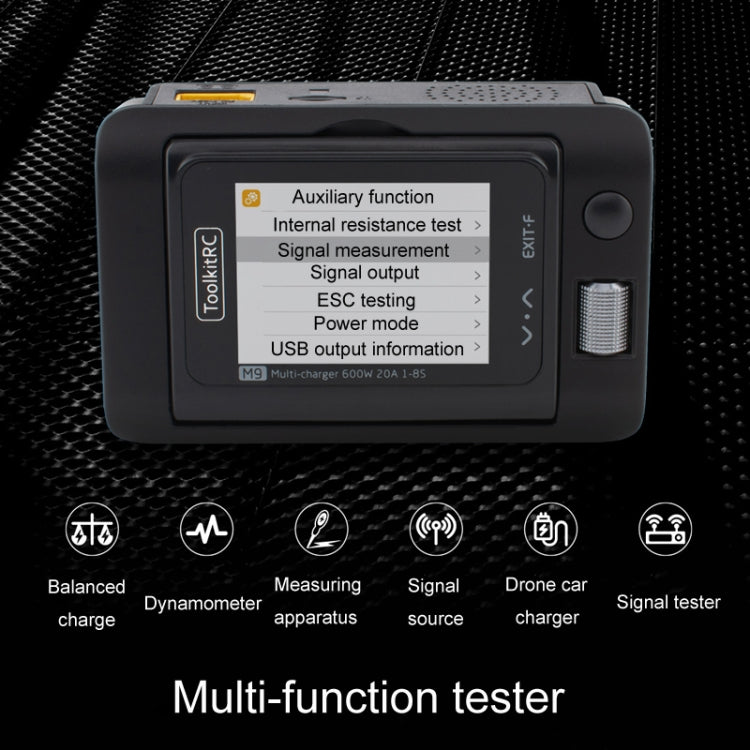 RC battery charger with rear auxiliary function screen and Exit button