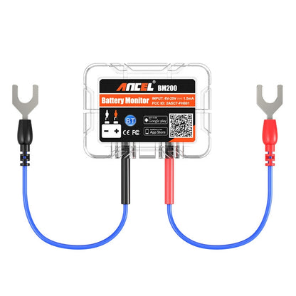 Bluetooth 12V car battery monitor tester with clear module and blue/red cables and clamps