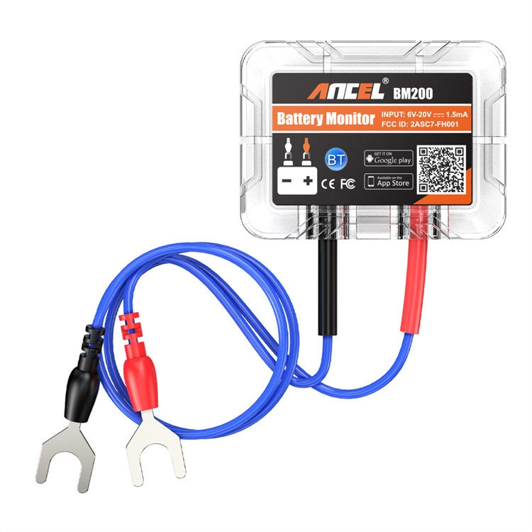 Bluetooth car battery monitor tester with clear case, blue/red leads, and battery clips