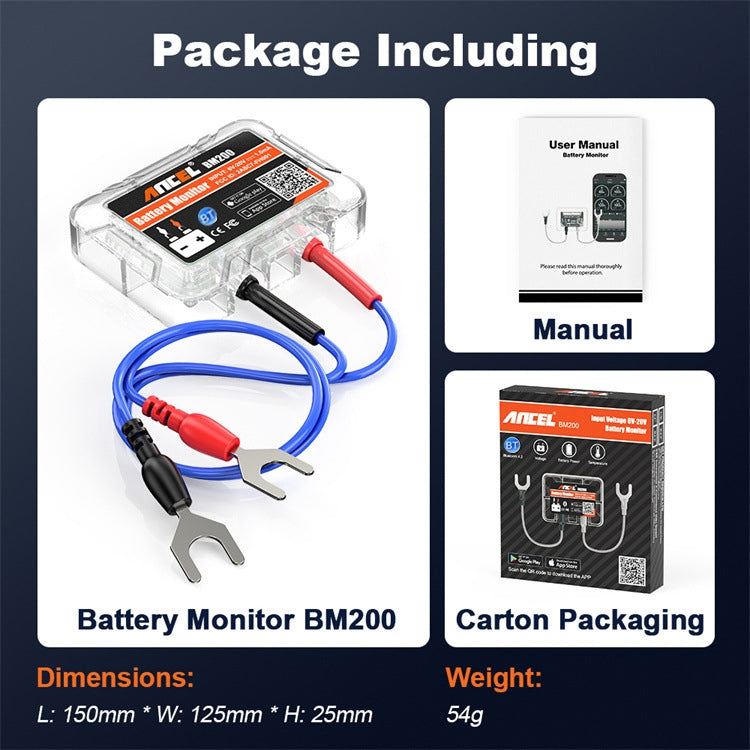Bluetooth car battery tester with clear case and red/black test leads