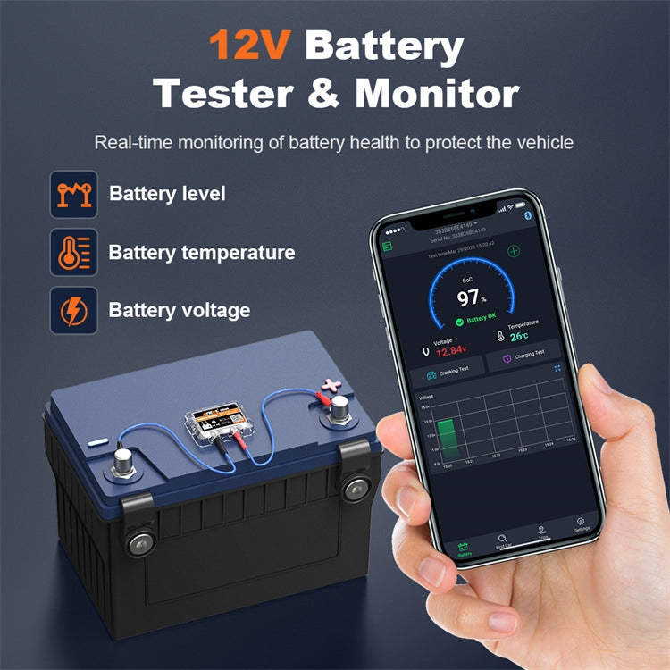 Battery tester and monitor with connected module and smartphone displaying live battery status