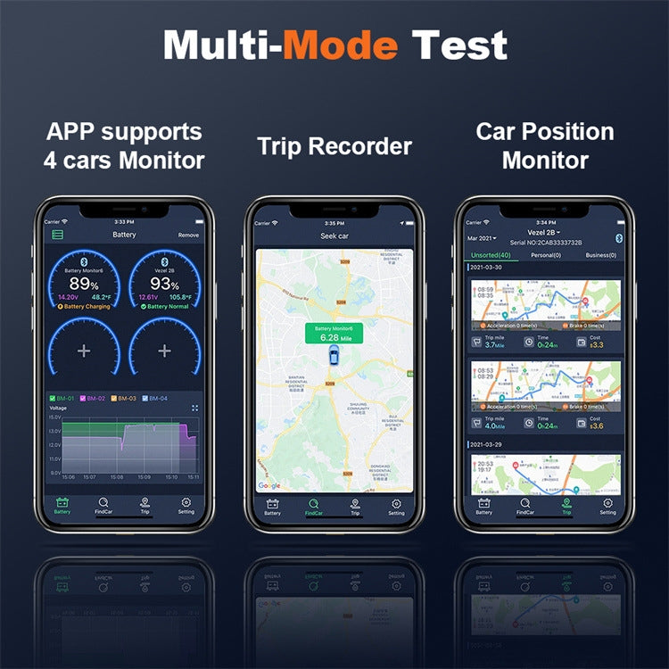 Battery monitor app screens shown on three smartphones for multi-mode car testing