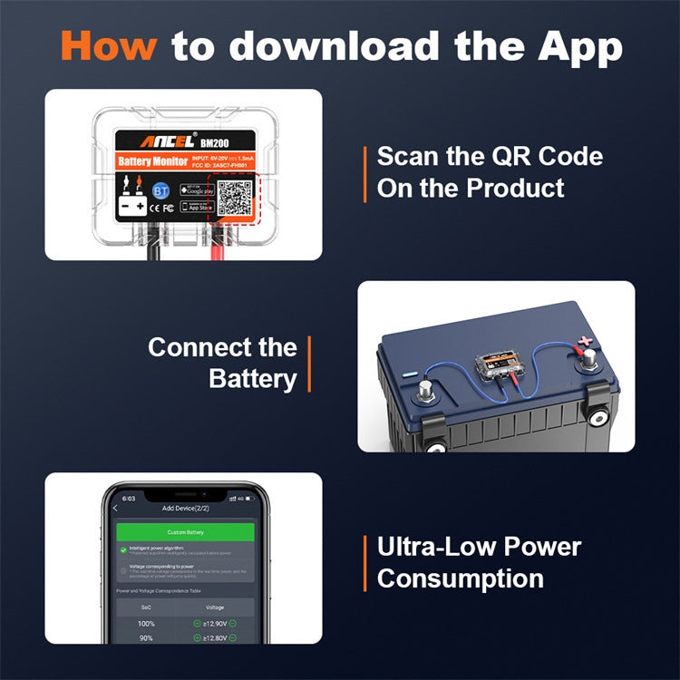 Bluetooth battery monitor setup showing QR code scanning and connected module
