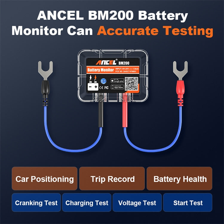 Bluetooth car battery monitor tester with clear module and blue/red cables and test options