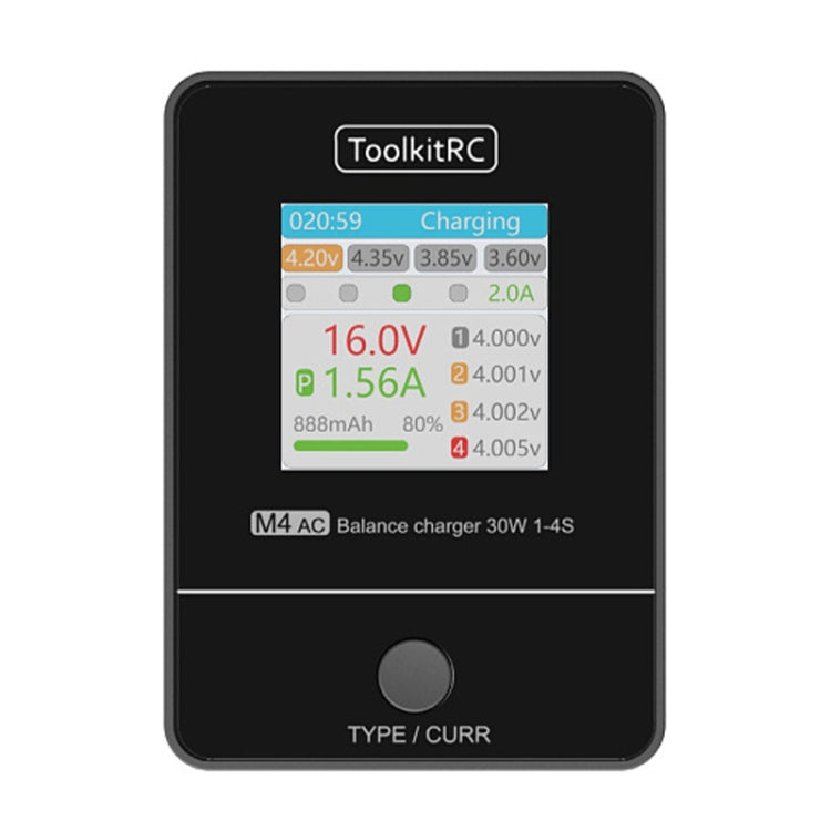 ToolkitRC M4 AC balance charger with LCD display and TYPE/CURR label