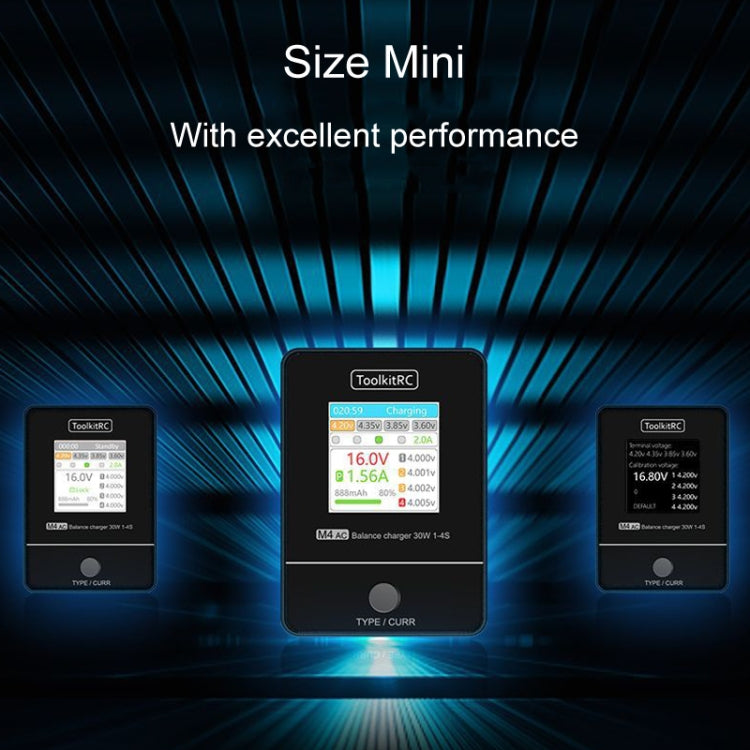 Compact ToolkitRC M4 AC balance charger with LCD screen and front indicator button