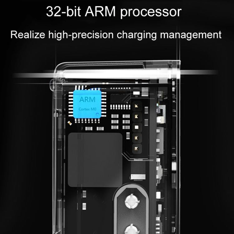 Battery charger with transparent view revealing a 32-bit ARM processor chip