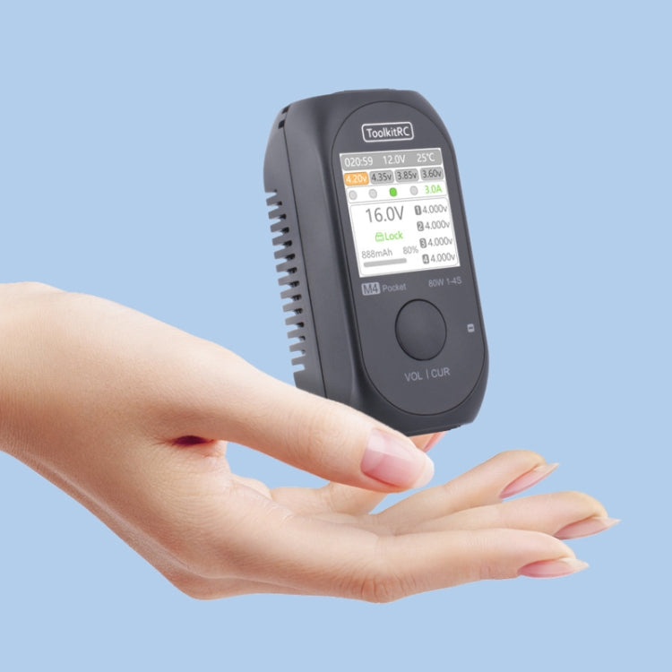 ToolkitRC M4 pocket LiPo balance charger held in hand, side view with display