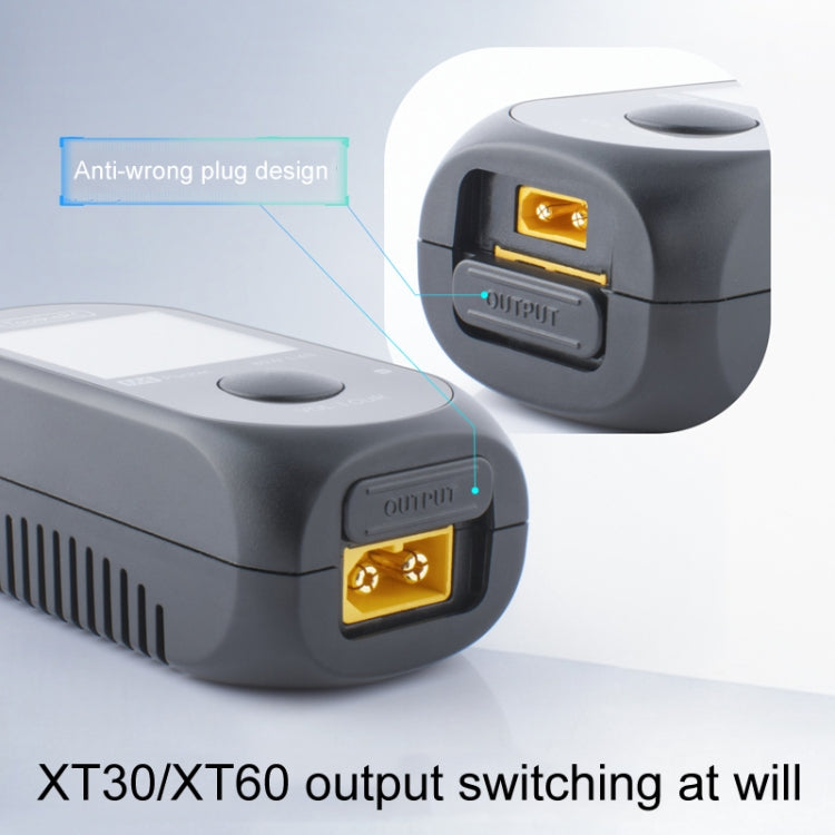 ToolkitRC M4 pocket LiPo balance charger showing output and input ports