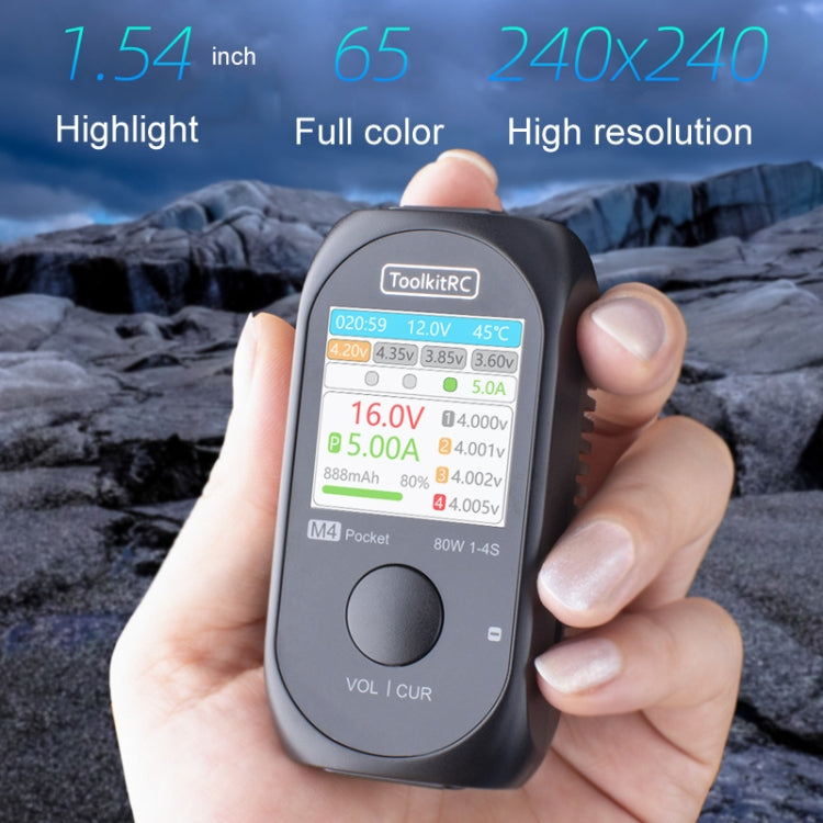 ToolkitRC M4 pocket LiPo balance charger with LCD screen and round control button