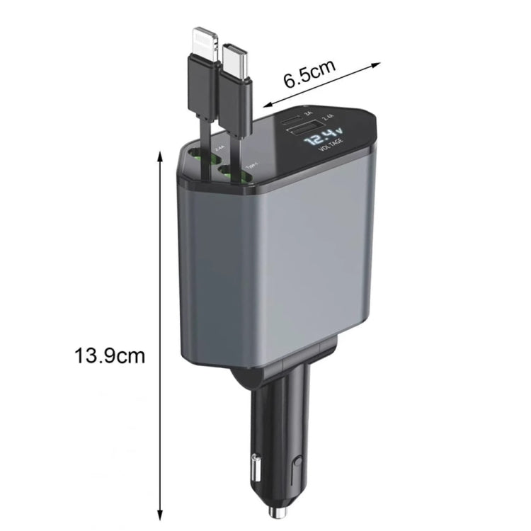 Compact car USB fast charger with dual-line digital screen and retractable connectors