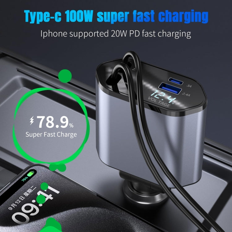 Retractable USB car fast charger with dual digital display for voltage monitoring