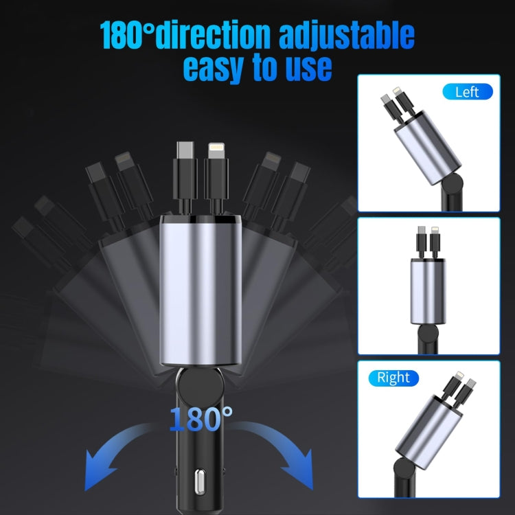 Car fast charger with 180-degree adjustable retractable connector and dual output ports