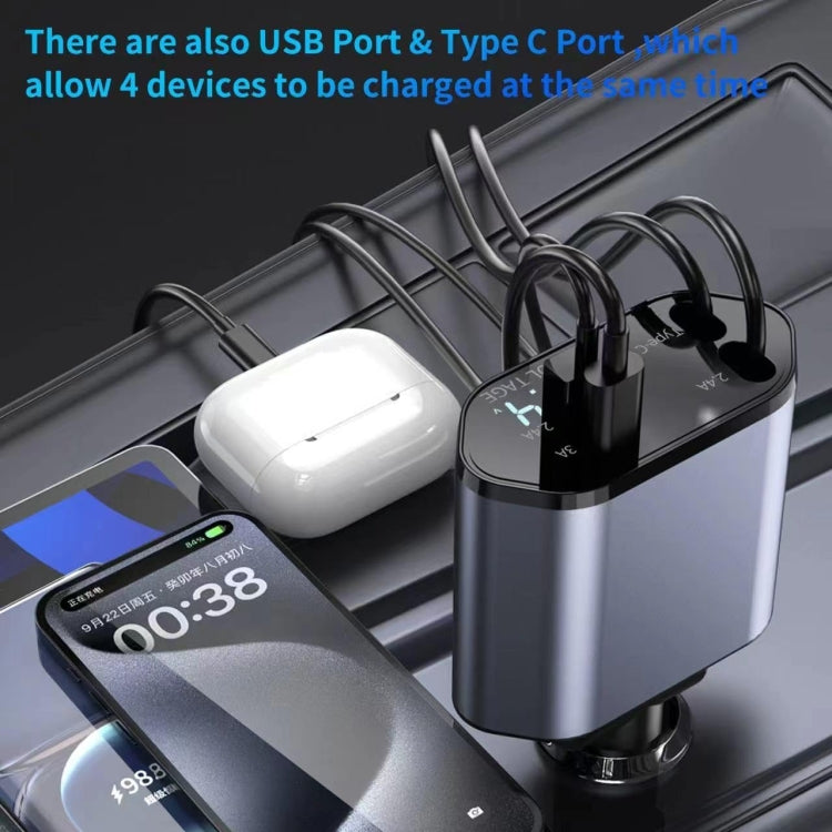Car fast charger holding multiple devices with USB and Type-C outputs, dual screen