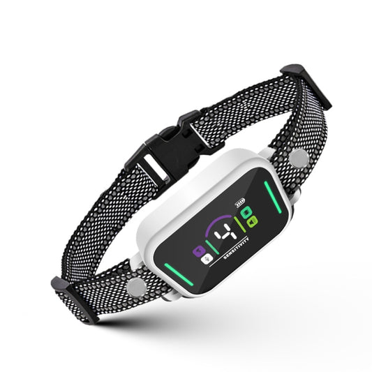 White mesh bark training collar with electronic display and green light indicators