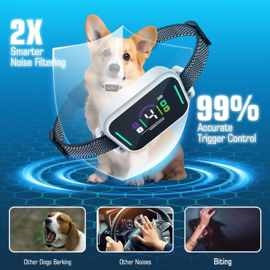 Bark training collar with mesh strap and front LED screen, shown with a dog
