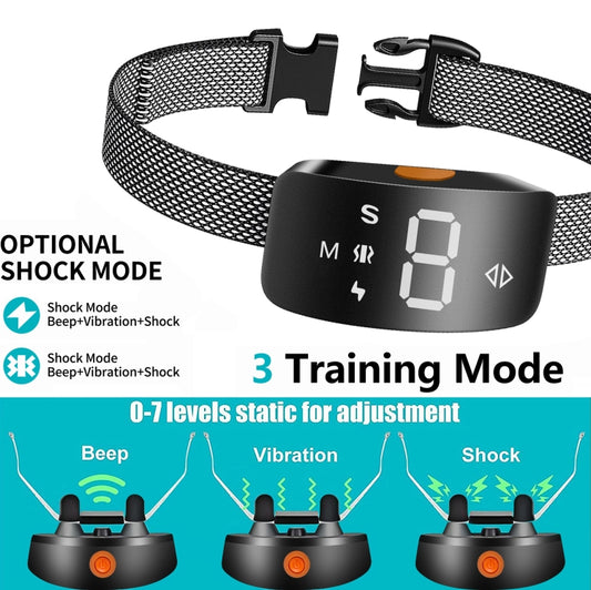 Anti-barking dog training collar with large screen showing a zero and mesh strap