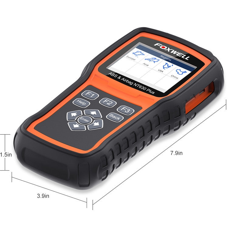 FOXWELL NT630 Plus OBD2 scanner on angled view, orange trim and function keys