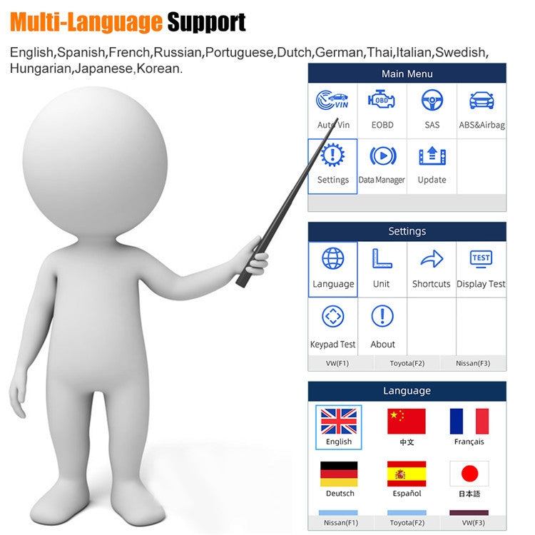FOXWELL NT630 Plus OBD2 scanner settings screen for multi-language support