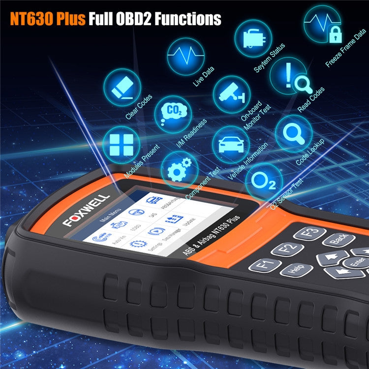 FOXWELL NT630 Plus OBD2 scanner close-up with key buttons and diagnostic screen