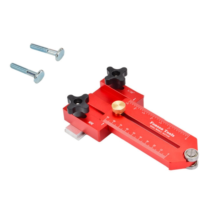 Red table saw thin cutting board guide with black adjustment knobs and measuring scale