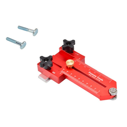 Red table saw thin cutting board guide with black adjustment knobs and measuring scale