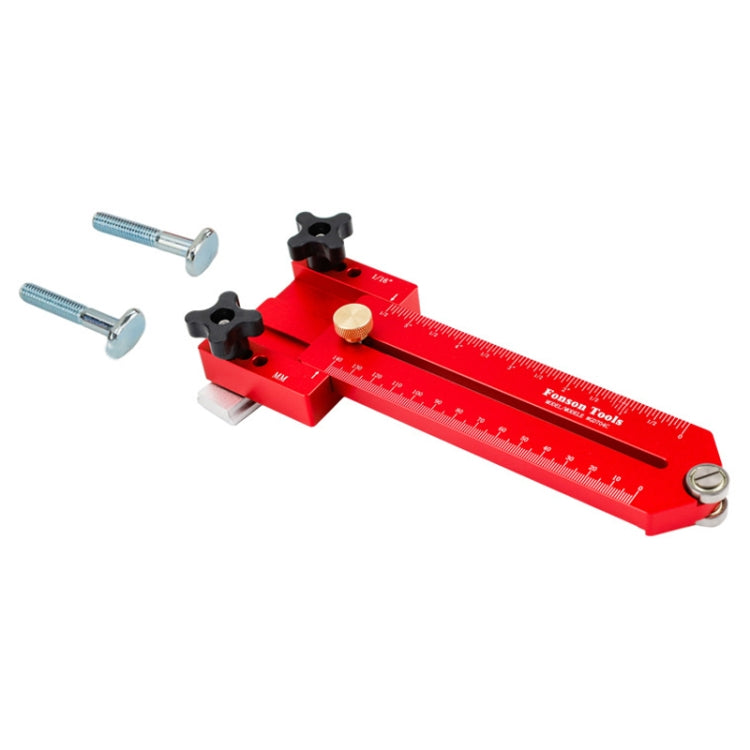 Red table saw cutting guide with dual measuring scale, black knobs, and base wheel
