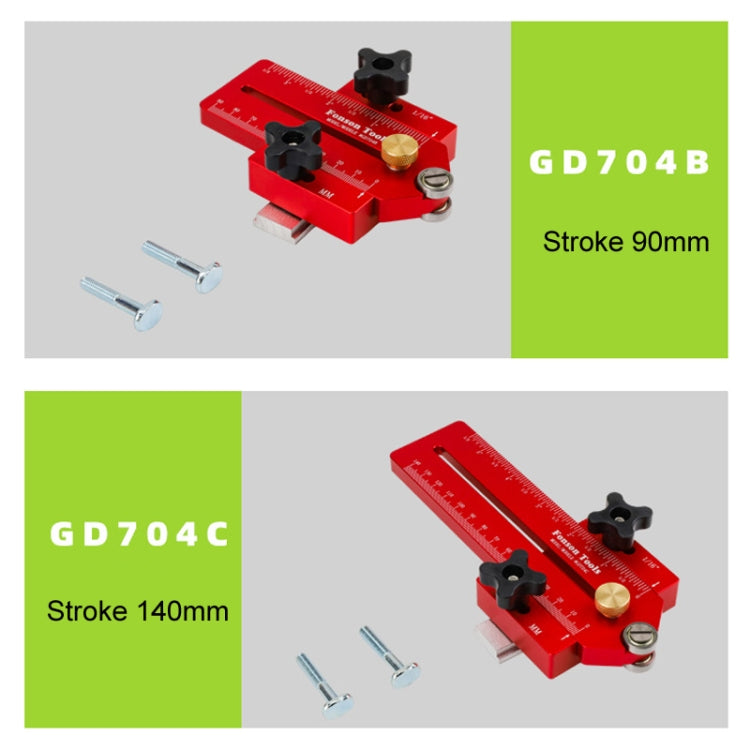 Red woodworking guide with black top knobs, brass dial, and ruler on a saw rail