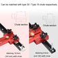 Red cutting guide stop on black saw rail with black knobs and metal mounting posts