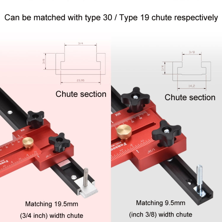 Red cutting guide stop on black saw rail with black knobs and metal mounting posts