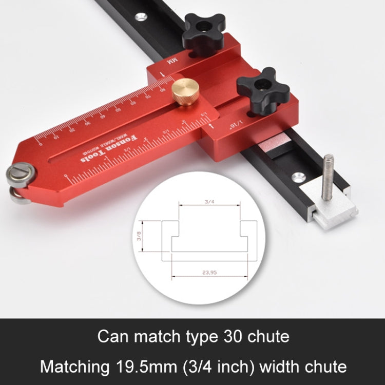 Red table saw guide stop on black rail with brass knob and side metal adjustment pins