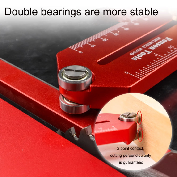 Red guide stop with two metal bearings on black rail for stable cutting alignment