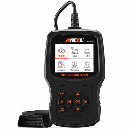Handheld ANCEL OBD2 engine tester with backlit screen and keypad buttons