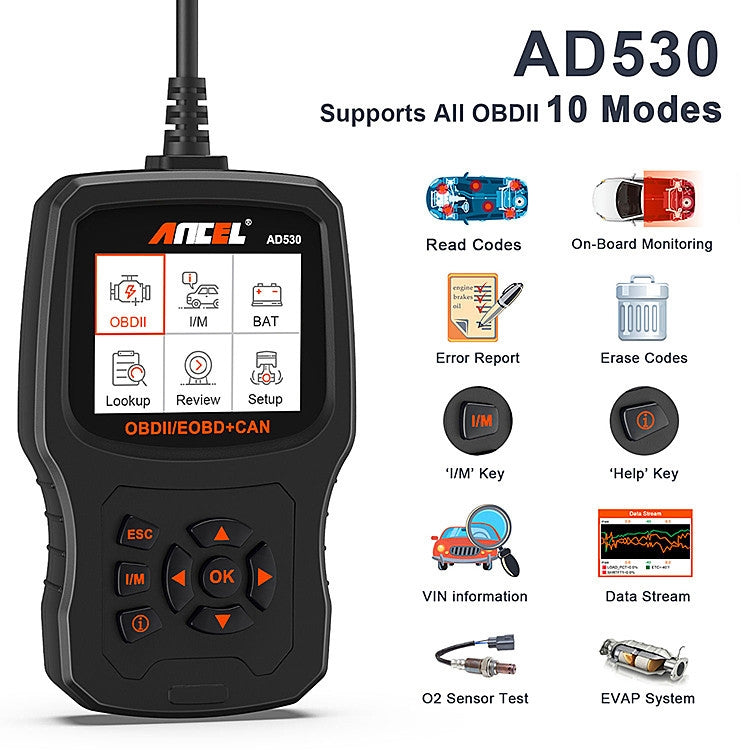 Handheld ANCEL OBD2 tester with color screen and tool menu icons
