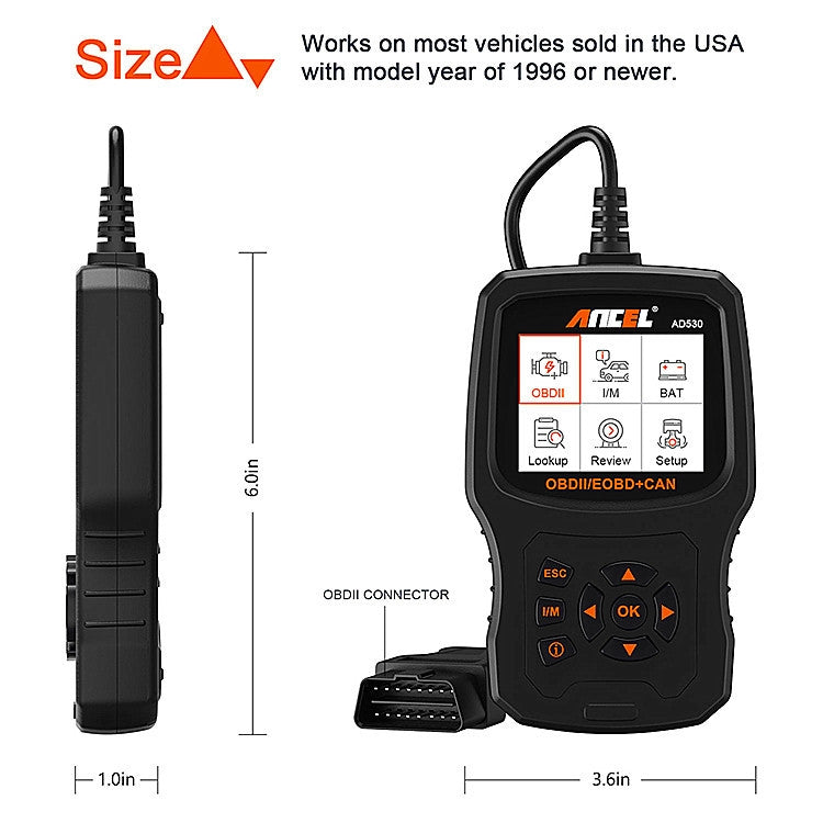 Handheld OBD2 diagnostic tester with OBD connector cable and side profile