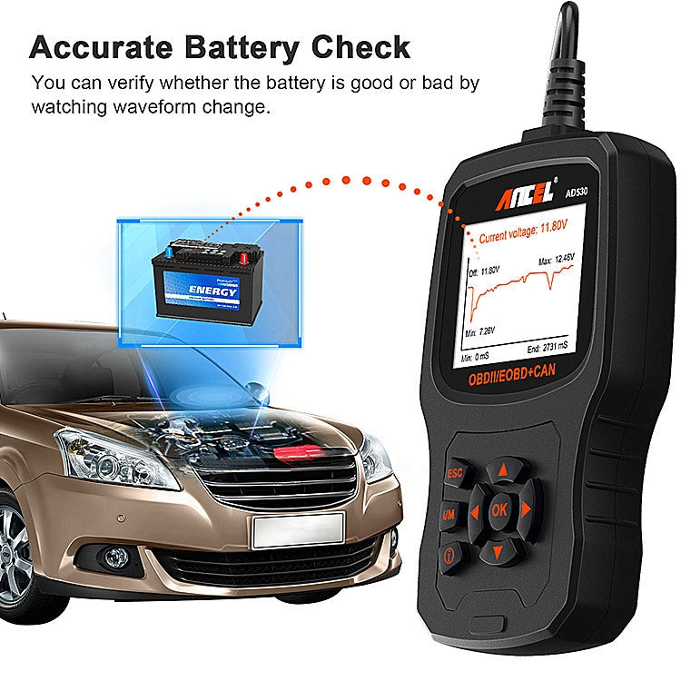 Handheld OBD2 tester displaying battery voltage check on screen
