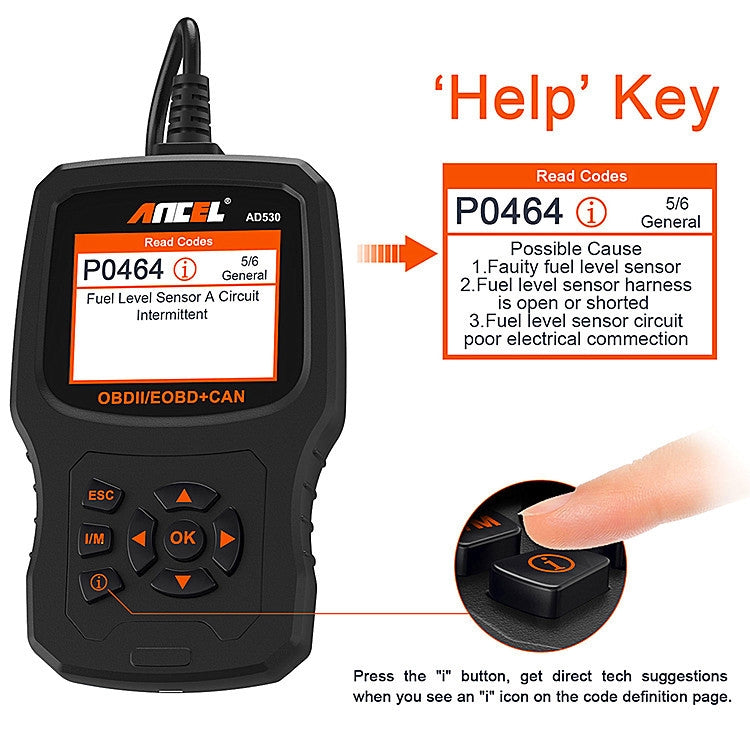 Handheld ANCEL OBD2 tester showing diagnostic code help 'P0464'