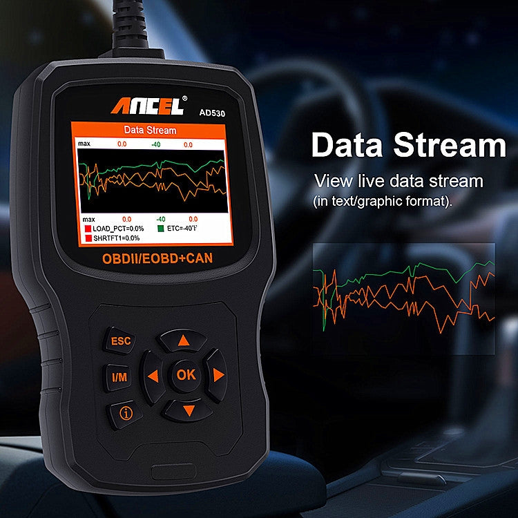 Handheld OBD2 tester displaying live data stream graph on screen