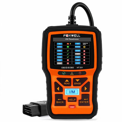 FOXWELL NT301 OBD2 code reader tool with orange backlit screen and keypad