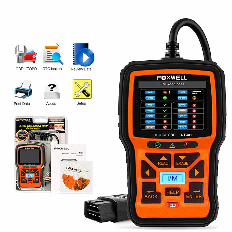 FOXWELL NT301 OBD2 code reader with screen, buttons, and connected OBD plug
