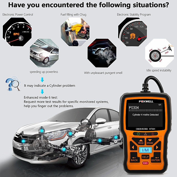 FOXWELL NT301 OBD2 code reader showing fault code screen beside car engine view